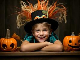 enfant dans une Halloween costume avec une espiègle pose ai génératif photo