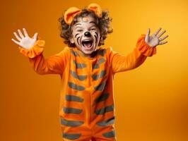 enfant dans une Halloween costume avec une espiègle pose ai génératif photo