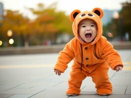 enfant dans une Halloween costume avec une espiègle pose ai génératif photo