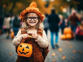 enfant dans une Halloween costume avec une espiègle pose ai génératif photo