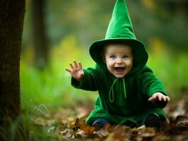 enfant dans une Halloween costume avec une espiègle pose ai génératif photo