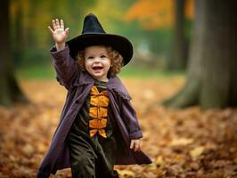 enfant dans une Halloween costume avec une espiègle pose ai génératif photo