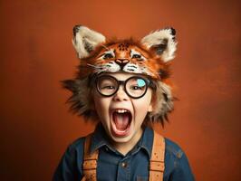 enfant dans une Halloween costume avec une espiègle pose ai génératif photo