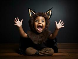 enfant dans une Halloween costume avec une espiègle pose ai génératif photo