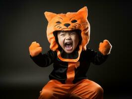 enfant dans une Halloween costume avec une espiègle pose ai génératif photo