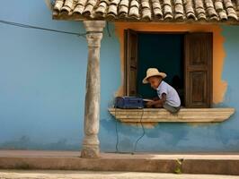 colombien enfant travail sur une portable dans une vibrant Urbain réglage ai génératif photo