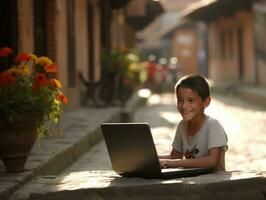 colombien enfant travail sur une portable dans une vibrant Urbain réglage ai génératif photo