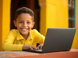 colombien enfant travail sur une portable dans une vibrant Urbain réglage ai génératif photo