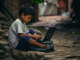 colombien enfant travail sur une portable dans une vibrant Urbain réglage ai génératif photo