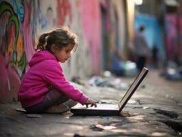 colombien enfant travail sur une portable dans une vibrant Urbain réglage ai génératif photo