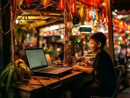 colombien enfant travail sur une portable dans une vibrant Urbain réglage ai génératif photo