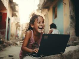 colombien enfant travail sur une portable dans une vibrant Urbain réglage ai génératif photo