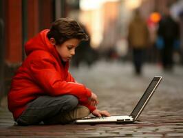 colombien enfant travail sur une portable dans une vibrant Urbain réglage ai génératif photo