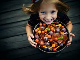 enfant dans Halloween costume en portant une bol de bonbons avec malicieux sourire ai génératif photo