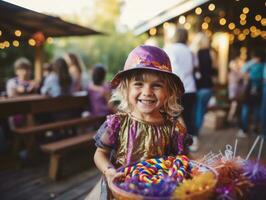 enfant dans Halloween costume en portant une bol de bonbons avec malicieux sourire ai génératif photo