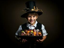 enfant dans Halloween costume en portant une bol de bonbons avec malicieux sourire ai génératif photo