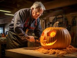 homme sculpture une sinistre jack o lanterne ai génératif photo