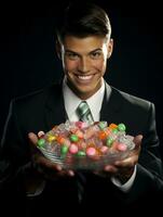 homme dans Halloween costume en portant une bol de bonbons avec malicieux sourire ai génératif photo