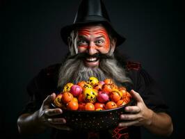 homme dans Halloween costume en portant une bol de bonbons avec malicieux sourire ai génératif photo