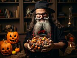 homme dans Halloween costume en portant une bol de bonbons avec malicieux sourire ai génératif photo