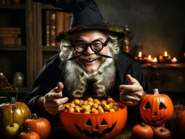 homme dans Halloween costume en portant une bol de bonbons avec malicieux sourire ai génératif photo