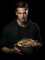 homme dans Halloween costume en portant une bol de bonbons avec malicieux sourire ai génératif photo