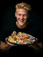 homme dans Halloween costume en portant une bol de bonbons avec malicieux sourire ai génératif photo