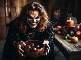 homme dans Halloween costume en portant une bol de bonbons avec malicieux sourire ai génératif photo