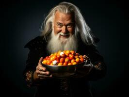 homme dans Halloween costume en portant une bol de bonbons avec malicieux sourire ai génératif photo