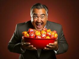 homme dans Halloween costume en portant une bol de bonbons avec malicieux sourire ai génératif photo