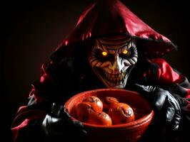 homme dans Halloween costume en portant une bol de bonbons avec malicieux sourire ai génératif photo