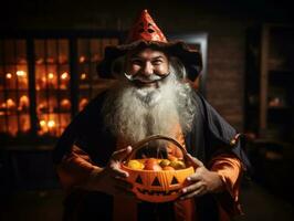 homme dans Halloween costume en portant une bol de bonbons avec malicieux sourire ai génératif photo