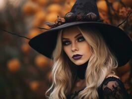 femme habillé comme une sorcière pour Halloween ai génératif photo