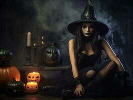 femme habillé comme une sorcière pour Halloween ai génératif photo