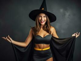 femme dans une Halloween costume avec une espiègle pose ai génératif photo