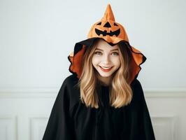 femme dans une Halloween costume avec une espiègle pose ai génératif photo