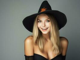 femme dans une Halloween costume avec une espiègle pose ai génératif photo