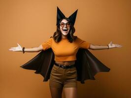 femme dans une Halloween costume avec une espiègle pose ai génératif photo