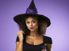 femme dans une Halloween costume avec une espiègle pose ai génératif photo