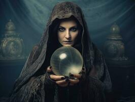 femme récit de une cristal Balle habillé comme une mystérieux fortune caissier ai génératif photo