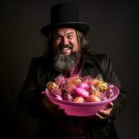 homme dans Halloween costume en portant une bol de bonbons avec malicieux sourire ai génératif photo