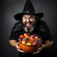 homme dans Halloween costume en portant une bol de bonbons avec malicieux sourire ai génératif photo