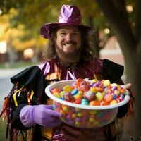 homme dans Halloween costume en portant une bol de bonbons avec malicieux sourire ai génératif photo