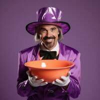 homme dans Halloween costume en portant une bol de bonbons avec malicieux sourire ai génératif photo