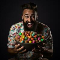 homme dans Halloween costume en portant une bol de bonbons avec malicieux sourire ai génératif photo