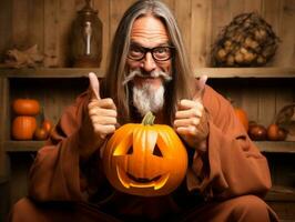 homme dans une Halloween costume avec une espiègle pose ai génératif photo