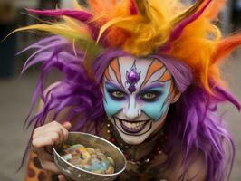 femme dans une Halloween costume en portant une bol de bonbons avec malicieux sourire ai génératif photo