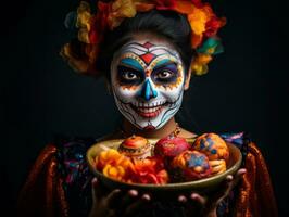 femme dans une Halloween costume en portant une bol de bonbons avec malicieux sourire ai génératif photo