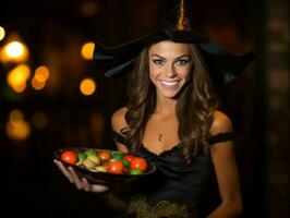 femme dans une Halloween costume en portant une bol de bonbons avec malicieux sourire ai génératif photo