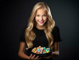 femme dans une Halloween costume en portant une bol de bonbons avec malicieux sourire ai génératif photo